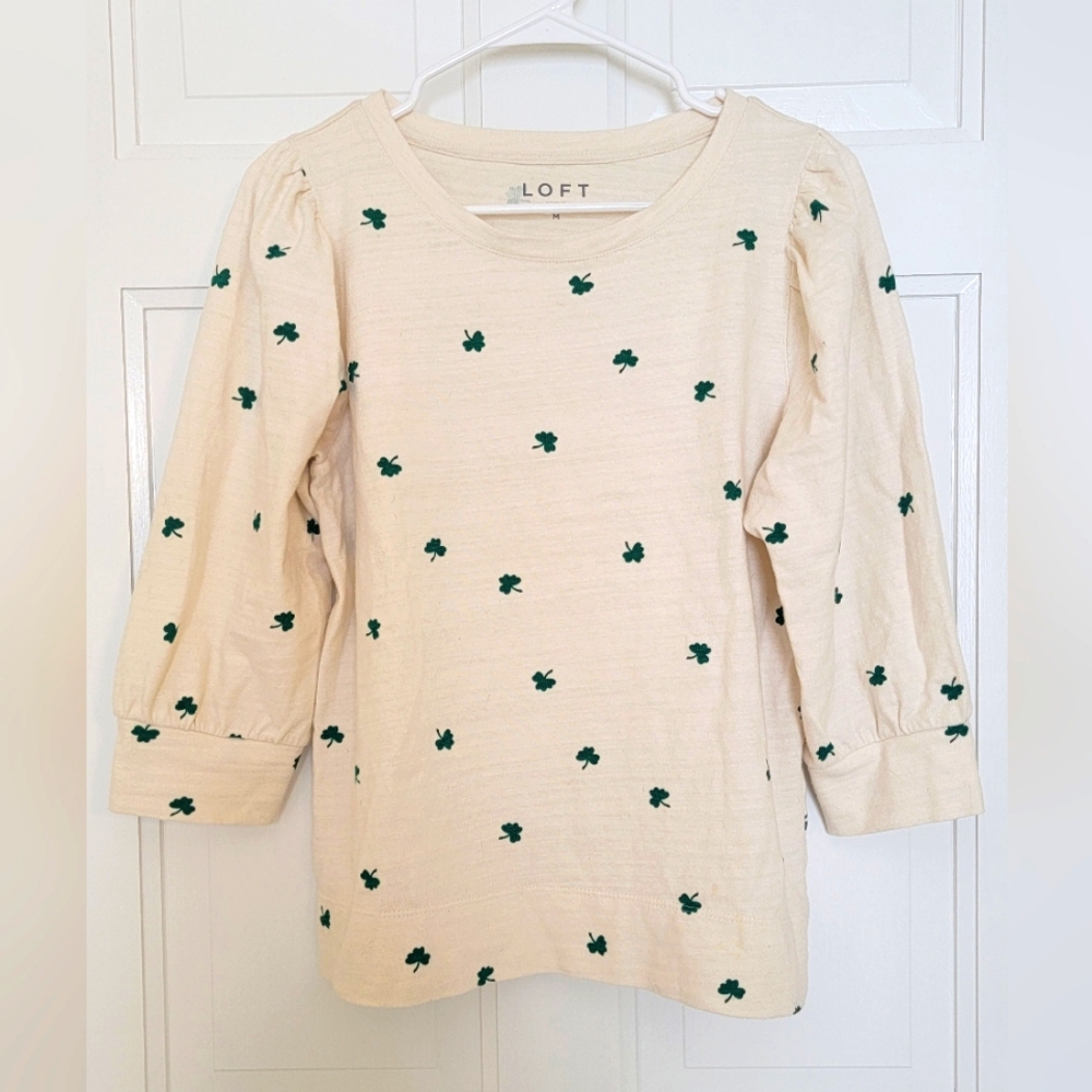 Loft Clover 3/4 Length Sleeve Sweater 100% Cotton- Perfect for St. Patrick's Day